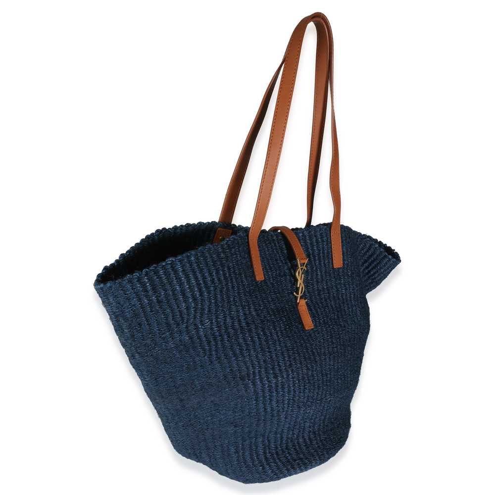 Saint Laurent Navy Raffia Calfskin Medium Panier Tote - Picture 3 of 7